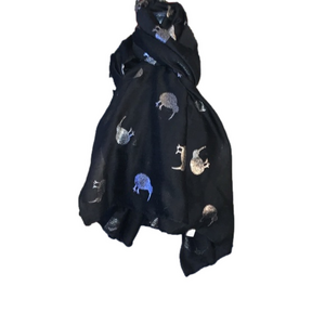 Large black viscose scarf with metallic kiwi birds